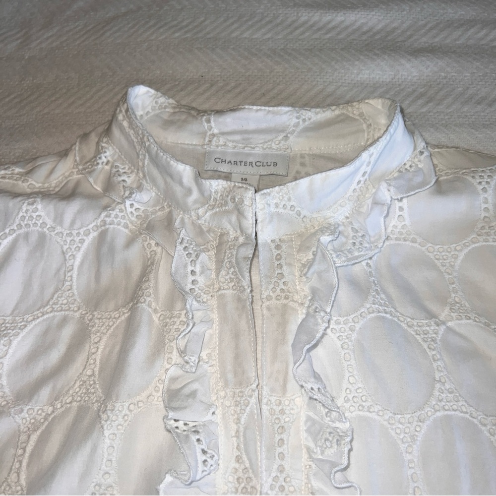 Charter Club Size 14 White Eyelet Cotton Blouse Ruffle V-Neck 3/4 Sleeve Lined - Picture 8 of 10